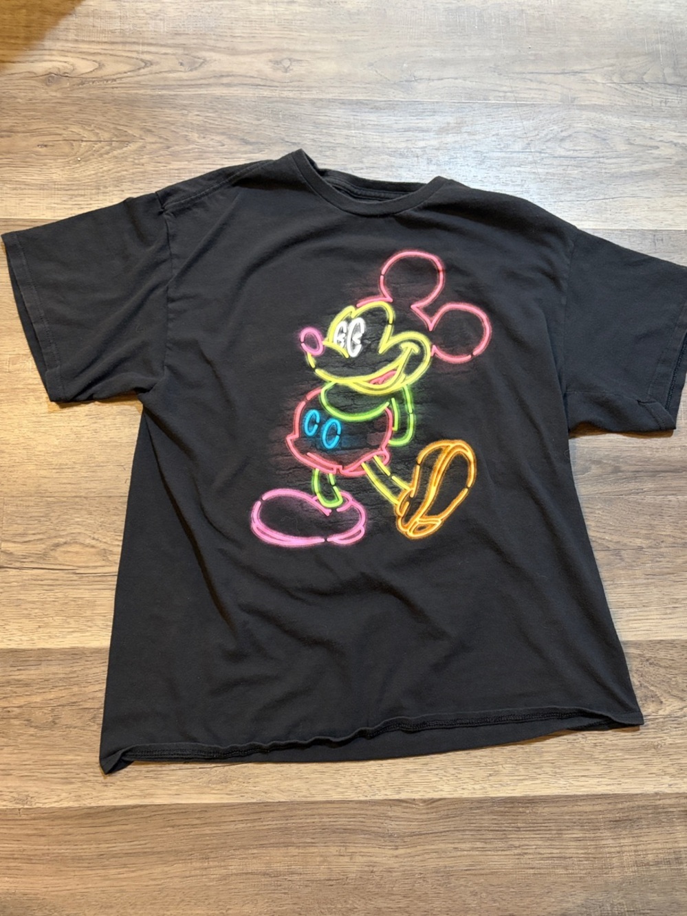 Disney Black Tee with Neon Mickey Outline